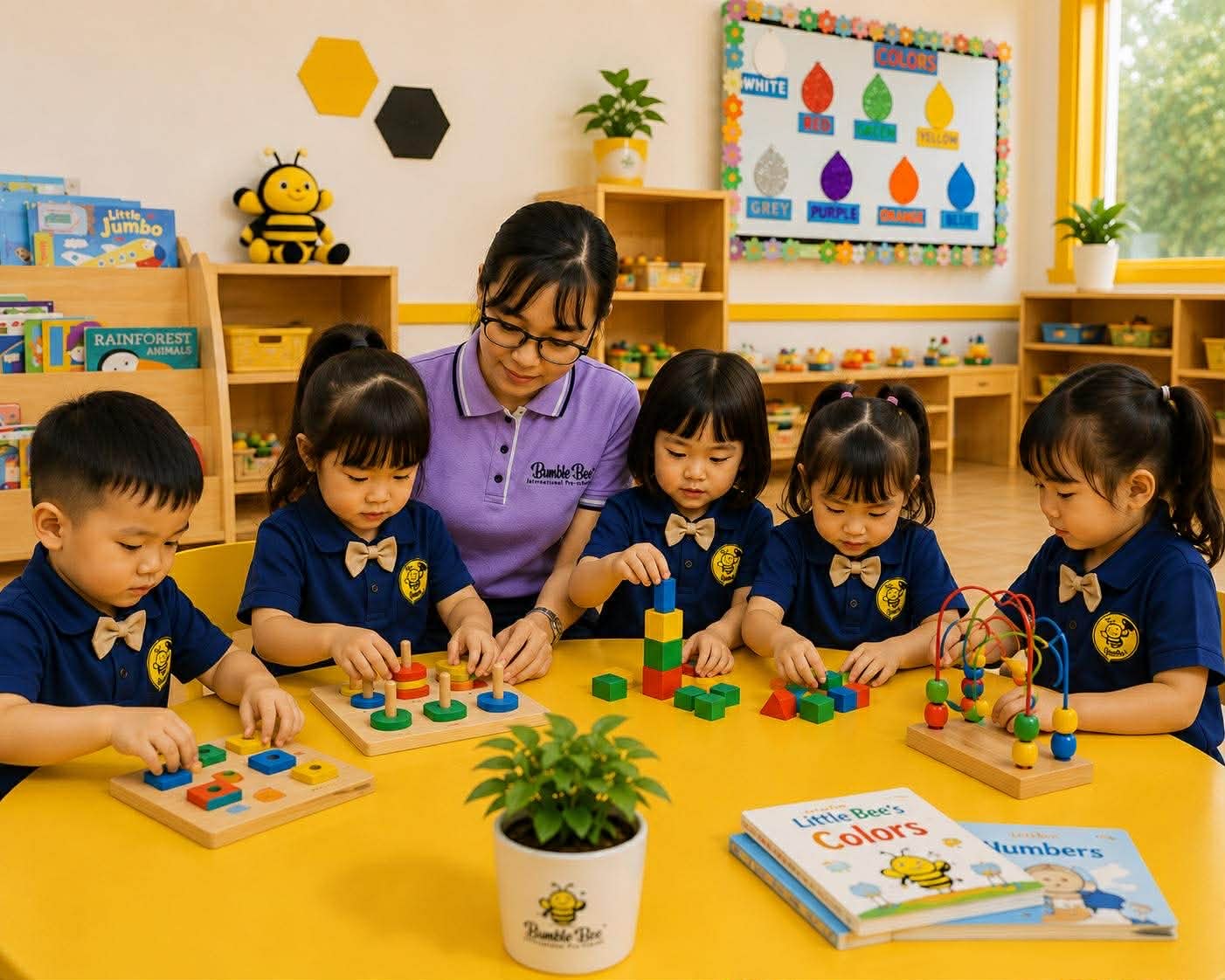 Teacher with children in a warm classroom setting